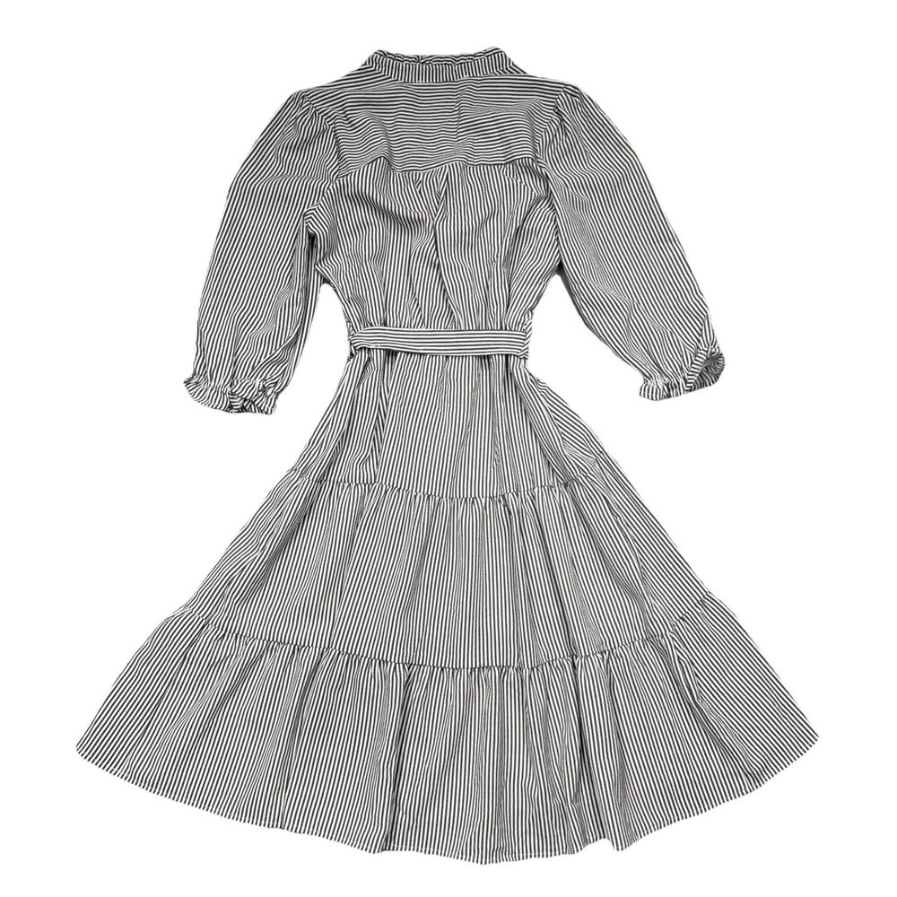 Monteau Dress M Blue White Pinstripe Belt V-Neck Knee Length Lightweight Tiered - Picture 2 of 10